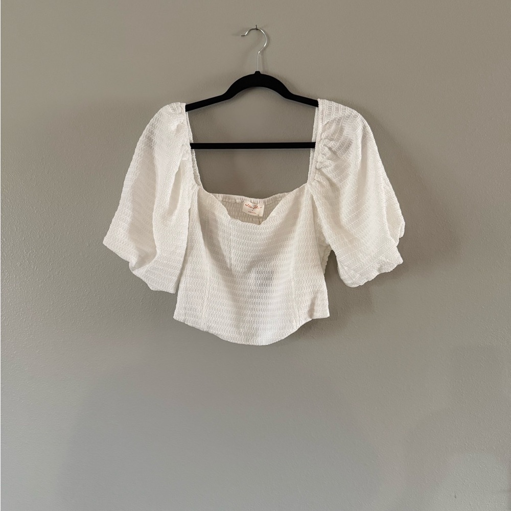 White Puff-Sleeve Smocked Crop Blouse NWT